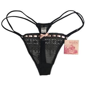 Vtg Lejaby Rose French Lingerie Black Lace Thong Panty Pink Bow NWT Medium
